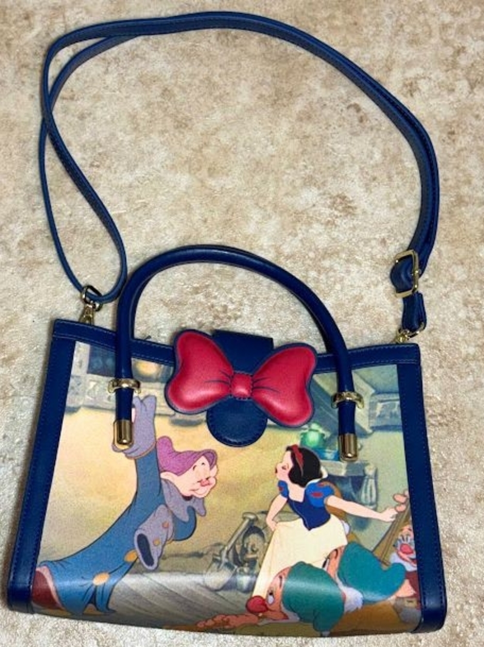 Blue Cartoon Print Crossbody Bag with Red Bow Accent